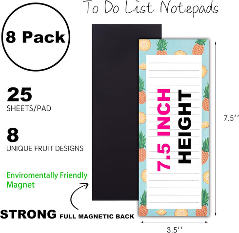 8 Magnetic Notepads – Notepads for Grocery List, Shopping List, To-Do List, Reminders -Strong Magnetic Back- Memo Notepad with Realistic Fruit Des...