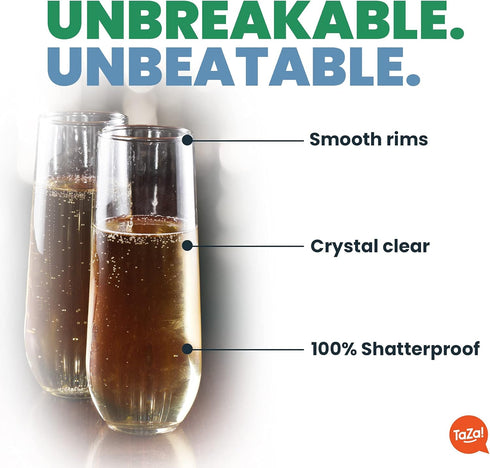 Unbreakable Stemless Champagne Flutes 9oz Set of 4, Shatterproof Tritan Plastic Glasses, Reusable Dishwasher Safe Flute, Wedding, Bachelorette, Tr...