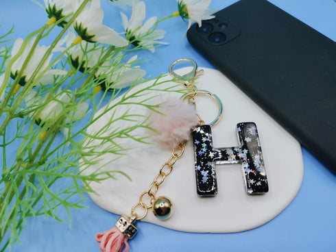 Black Alphabet Initial Letter Keychain Star Pink Tassel Charm with Fur Ball Pom Pendant Keyring for Purse Keys...