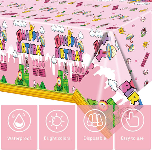 3Pcs Super Brothers Adventure Party Tablecloths 108 x 54 inches Video Game Theme Plastic Table Cloth Fits for Princess Peach Girl Birthday Party D...
