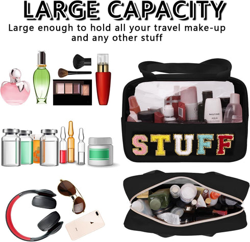 Chenille Letter Patch Stuff Bag, Preppy Clear Makeup Cosmetic Bag Large Toiletry Storage Tote Bag with Handle, Transparent Nylon Waterproof Organi...