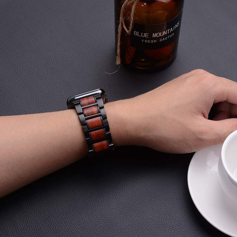 Wolait Compatible with Apple Watch Band ultra 2 49mm 46mm 45mm 44mm 42mm, Natural Wood Red Sandalwood with Stainless Steel Metal Link band for iWa...