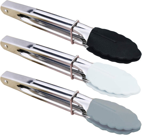 Mini Tongs with Silicone Tips 7-Inch Small Serving Tongs, Set of 3 (Black White Gray)...