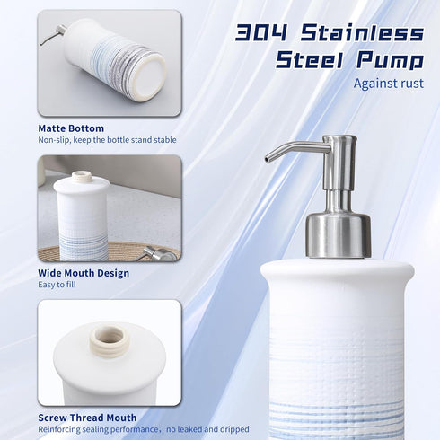 Ceramic Soap Dispenser Blue for Bathroom Kitchen Countertop, Blue and White Hand Soap Dispenser 10oz Bottle Refillable with 304 Stainless Steel Pu...