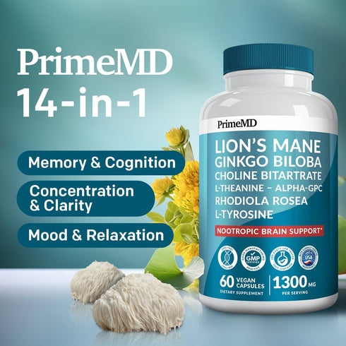 14-in-1 Lions Mane Supplement Capsules - Nootropic Brain Supplement with Ginkgo Biloba for Brain Support, Memory and Focus - Alpha GPC, L Theanine...