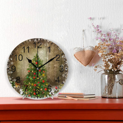 Wamika Wall Clock Christmas Tree Clock Silent Non Ticking Round Wall Clocks Decorative, Winter Rustic Wooden New Year Clocks 10 Inch Battery Opera...