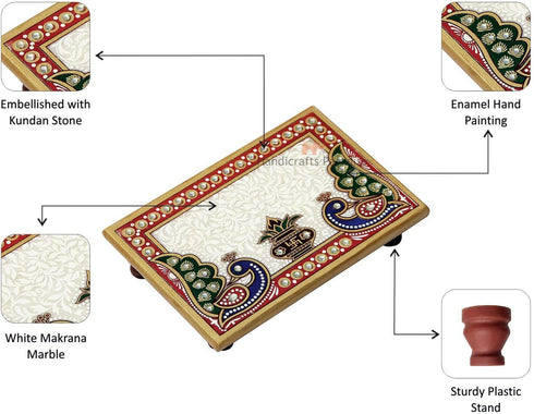 Marble Puja Chowki Rectangle Shape with Peacock Design and Kalash Used to Keep Pooja Items...