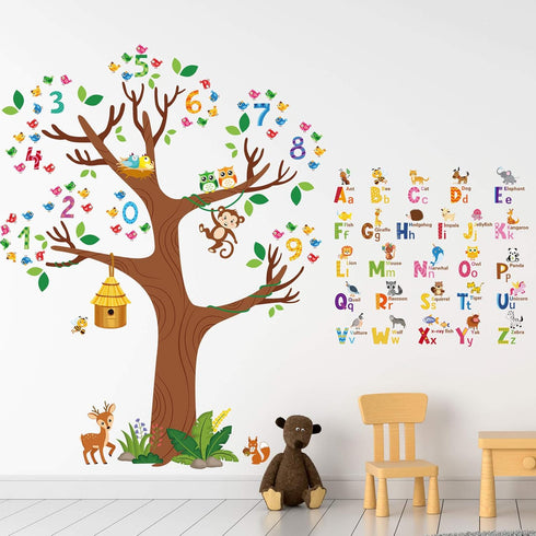 Zonon 3 Sheets Animal Alphabet and Numbers Tree Wall Decals Learning ABC Letters Birds Numbers Peel and Stick Wall Decals Home Bedroom Playroom Nu...