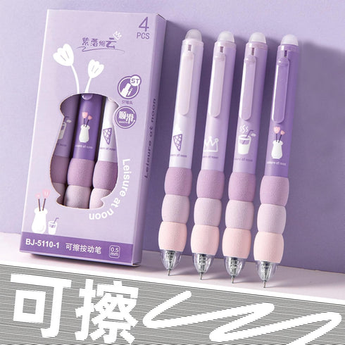 4 Pcs Erasable Gel Pens Cartoon Retractable Cute Purple Pens Soft Grip Pens 0.5mm Black Ink Pen Office School Pens Women Girls Boys Pens (Black In...