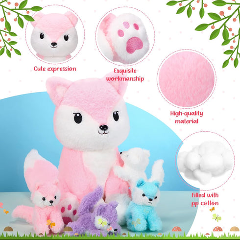 Valentine's Day Gifts 5 Pcs Fox Plush Toy Set 14 Inch Pink Mommy Fox Stuffed Animal with 4 Cute Plush Baby Foxes in Tummy Soft Cuddly Fox Plushie ...