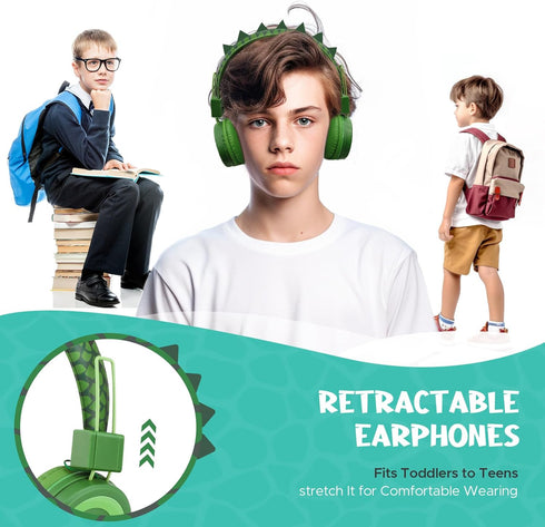 QearFun Dino Headphones for Boys Kids for School,Kids Bluetooth Headphones with Microphone & 3.5mm Jack,Teens Toddlers Wireless Headphones with Ad...