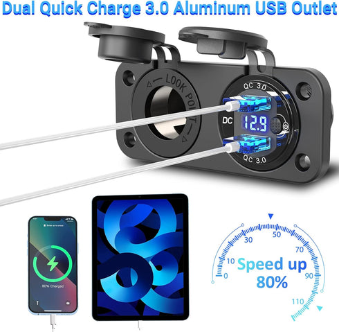 Cigarette Lighter Socket 12V Power Outlet, Qidoe Aluminum 40W Dual QC3.0 USB Charger Socket with LED Voltmeter Switch,150W DC Lighter Socket Water...