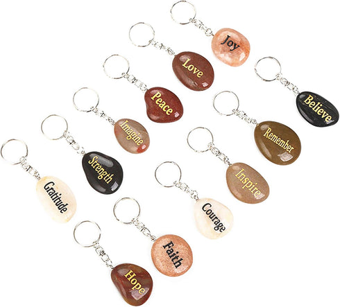 12pcs Engraved Inspirational Keychains, Natural River Stone Key Rings, Wholesale Faith Rocks, Novelty Healing Stone Key Chain Bulk, Assorted Sayin...