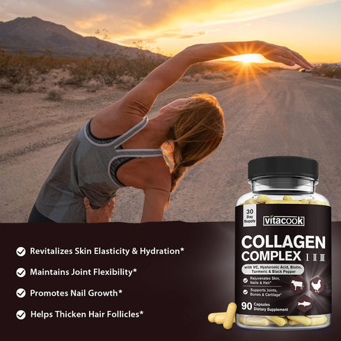 Collagen Peptides Complex, Type I, II, III, 2025 MG, Hydrolyzed Multi Collagen, VC, Biotin, HA, Turmeric & Black Pepper, for Skin, Hair, Nails, Jo...