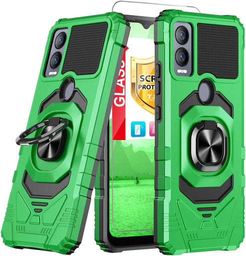 TJS Compatible for Cricket Magic 5G Case, AT&T Propel 5G Case, with Tempered Glass Screen Protector, Metal Ring Magnetic Support Kickstand Heavy D...