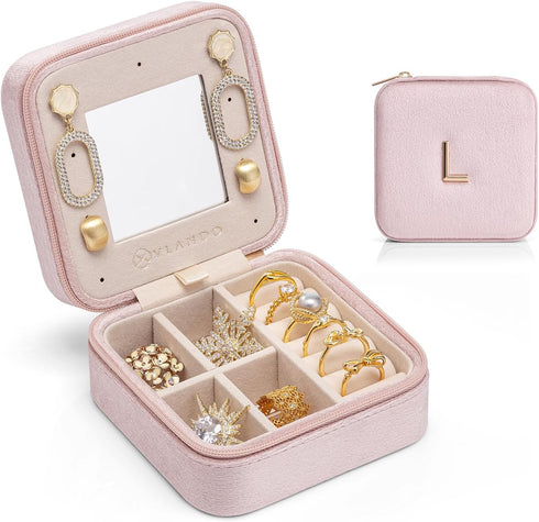 Vlando Small Travel Jewelry Box Organizer Display Case for Rings Earrings Necklaces Storage, Selected Soft Velvet, Letter L Engraved, Pink...