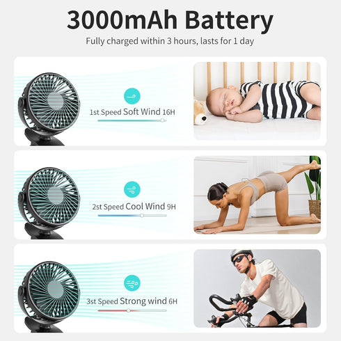 Portable Clip on Fan, 360° Rotate Battery Operated Stroller Fan, 3 Speed Quiet Mini Personal Desk Fan, USB Rechargeable Clooing Fan for Outdoor Ca...