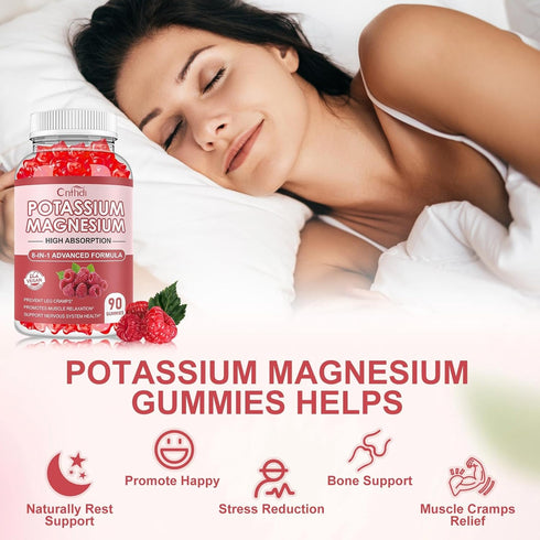 Potassium Magnesium Supplement Gummies - 90 Ct | Sugar Free Magnesium Potassium Supplement with Vitamin D, B6, and CoQ10 for Calm Mood & Sleep Sup...