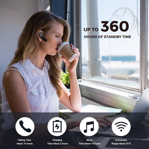 Wireless Headset, V5.0 Wireless Handsfree Earpiece with Microphone 14 Hrs Driving Headset 360 Hours Standby Time for iPhone Android Samsung Laptop...