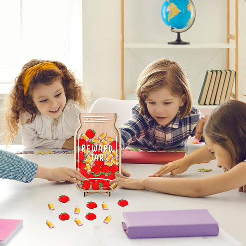 Back to School Wooden Reward Jar Apple Pencil Wooden Cutouts Positive Incentive Behavior Chart with Wooden Base Management Tools for Student Teach...