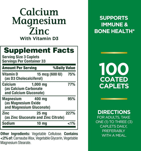 Nature's Bounty Calcium Magnesium & Zinc Caplets, Immune & Supporting Bone Health, 100 Count...