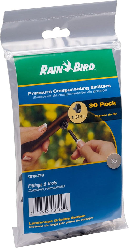 Rain Bird SW10-30PS Drip Irrigation Spot Watering Dripper/Emitter, 1 Gallon Per Hour, 30-Pack...