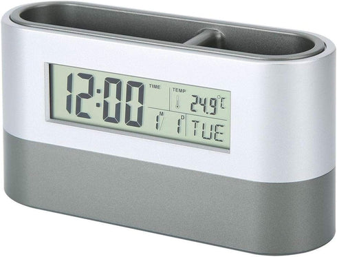 Electronic Pencil Cup, Backlight Calendar Snooze Pen Stationery Storage Holder Multifunctional Desk Clock Digital Screen Alarm with LCD Display Th...