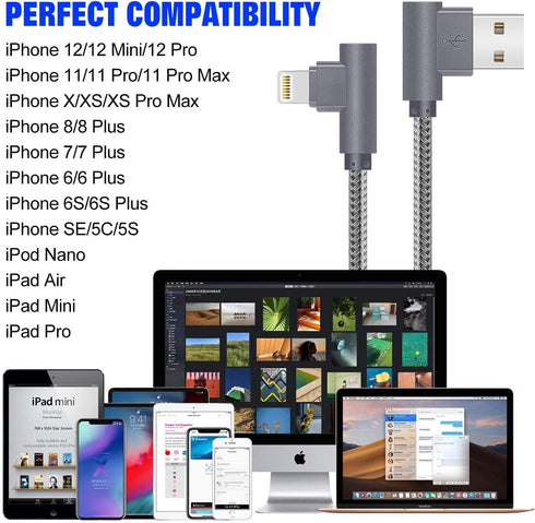 MFi Certified Lightning iPhone Charger Cord 90 Degree Fast Data Cable Nylon Braided Compatible with iPhone Xs Max/XS/XR/7/7Plus/X/8/8Plus/6S/6S Pl...