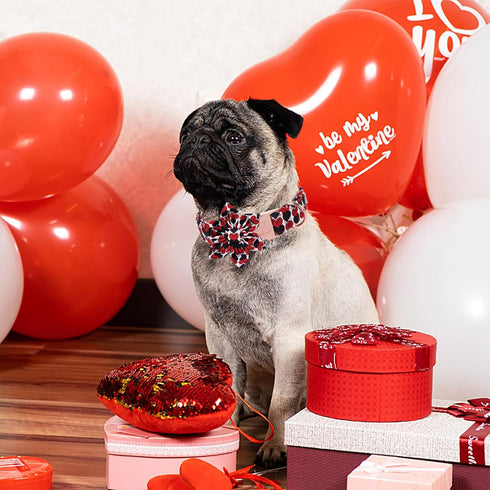 Valentine Dog Collar for Large Dog with Flower Tie, Red&Black Love Heart Male Dog Collar with Safety Metal Buckle Adjustable Puppy Collars for Sma...