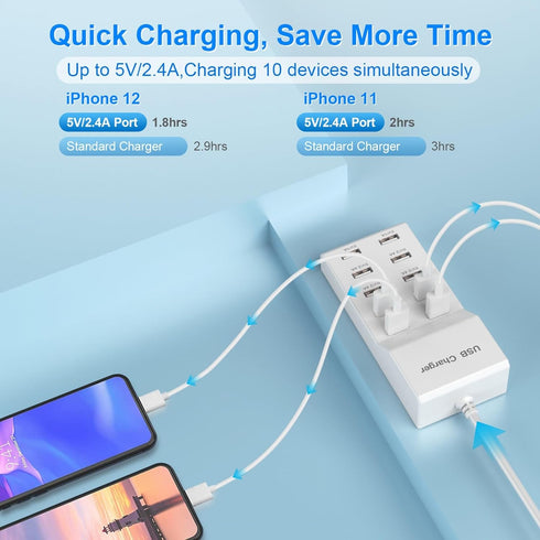 QIONMAR USB Wall Charger USB Charging Station for Multiple Devices USB Charger 10-Ports Power Hub Strip Smart Plug Charging Dock Charge Block Comp...