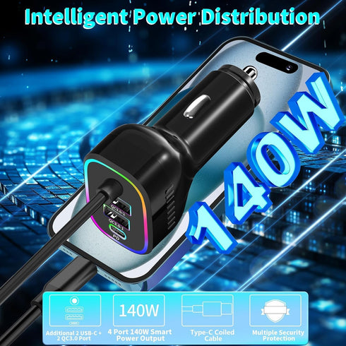iPhone USB C 140W Super Fast Car Charger, Arparnar 4 Port PD&QC3.0 USB C Car Charger Compact Fast Car Charger with 5ft 60W Type C Coiled Cable for...