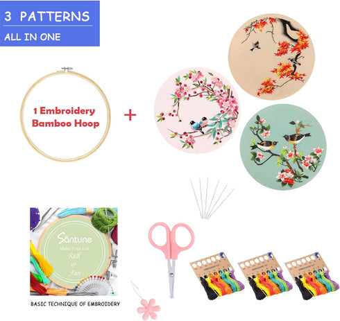 Santune 3 Pack Embroidery Kits for Adults Cross Stitch Kits for Beginners Hand Embroidery with Bird Patterns and Instructions Hobby Kits for Adult...