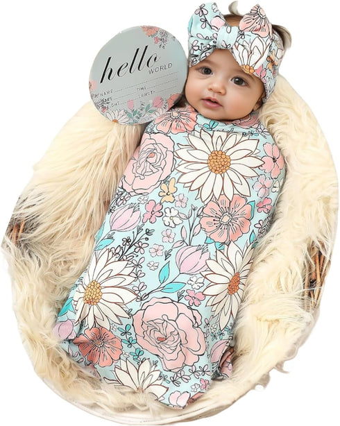 Galabloomer Newborn Receiving Blanket Headband Set Baby Flower Swaddle (blue glass)...
