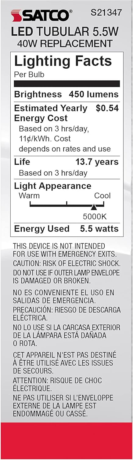 Satco 5.5-Watt LED E26 Light Bulb, 5000K, 15000 Hour Rating, Dimmable...