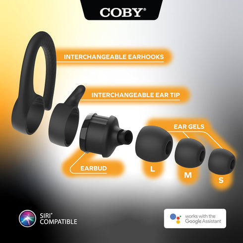 Coby True Wireless Bluetooth Earbuds | Interchangeable Ear Hooks & Tips | Sweat-Resistant |14-Hours Play Time | Drop-Proof Charging Case | Wireles...
