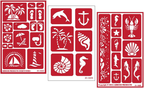 3 Armour Etch Over N Over Reusable Glass Etching Stencils Set | Nautical Theme | Paradise, Seashore, Under The Sea...