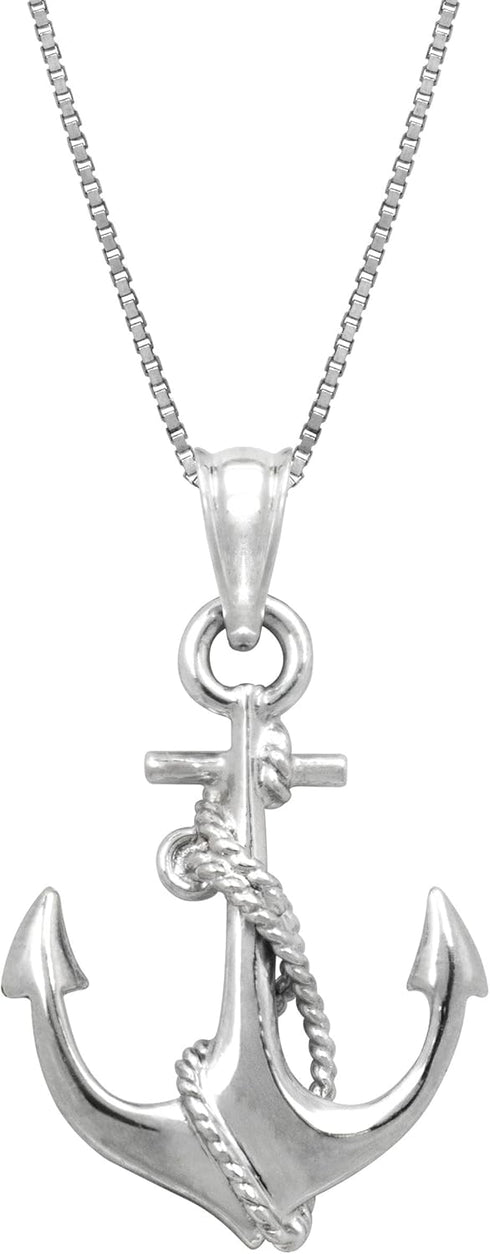 Honolulu Jewelry Company Sterling Silver Ship Anchor and Rope Nautical Necklace Pendant with 18" Box Chain...