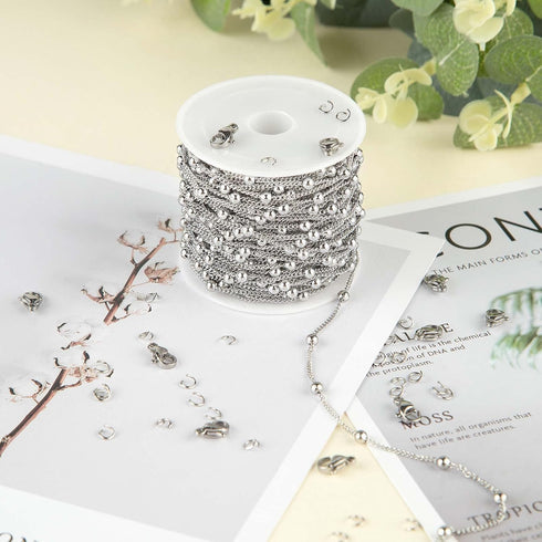 KYUNHOO 32.8 Feet/10M Silver Satellite Bead Chain 304 Stainless Steel Chain for Jewelry Making Women Necklace Chain Bulk DIY Crafts Jewelry Suppli...