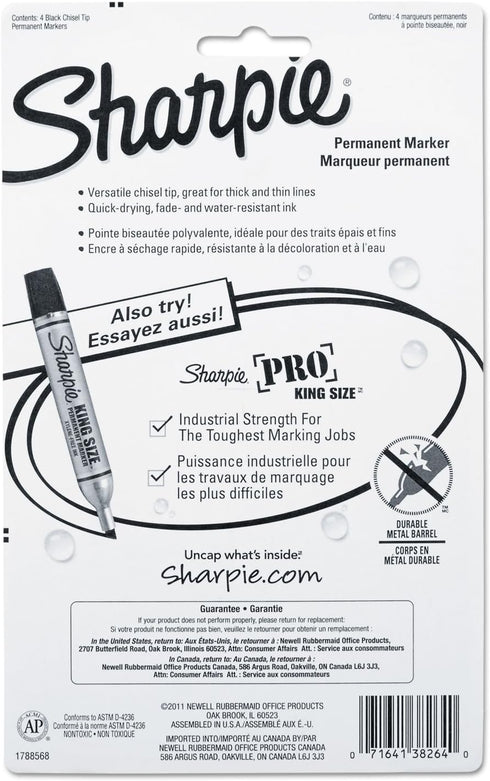 Sharpie 38264PP Permanent Markers, 5.3mm Chisel Tip, Black, 4/Pack...
