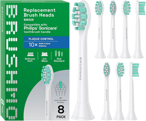 Brushmo Plaque Control Replacement Toothbrush Heads, Compatible with Philips Sonicare Click-on Electric Toothbrush Handles, 8 Standard Replacement...