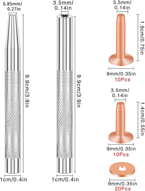 SelfTek 20Pack Copper Rivets and Burrs (14mm and 19mm) with 2Pcs Punch Rivet Tool for Belts, Bags, Collars, Leather-Crafting, Bracelets...