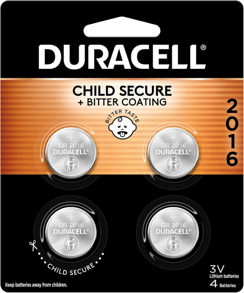 Duracell CR2016 3V Lithium Battery, Child Safety Features, 4 Count Pack, Lithium Coin Battery for Key Fob, Car Remote, Glucose Monitor, CR Lithium...