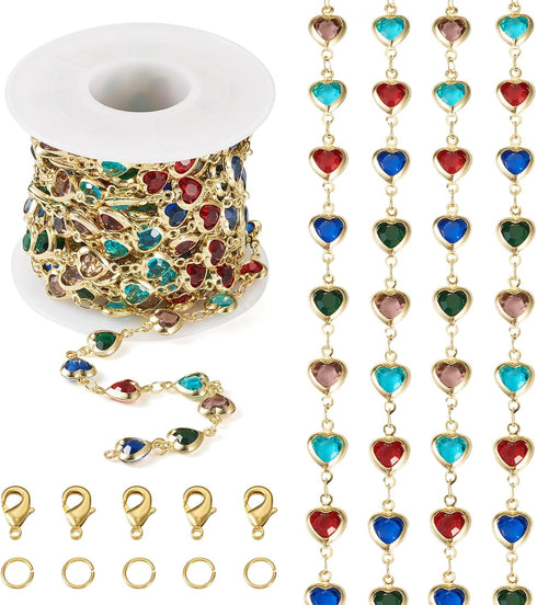 Pandahall 13.12 Feet Rhinestone Heart Links Chains Colorful Crystal Glass Heart Golden Chains Unwelded Jewelry Chains for Bracelet Necklace Jewelr...