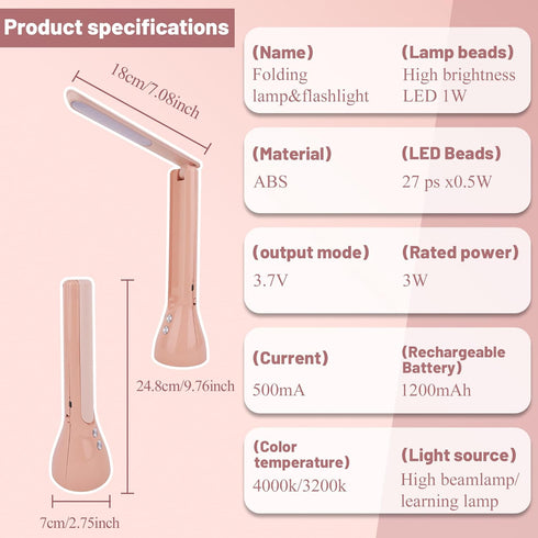 2-in-1 LED Desk Lamp Base with Flashlight for Home Office, Rechargeable, 3 Lighting Modes, Foldable Portable Light Cordless Table Bedside lamps...