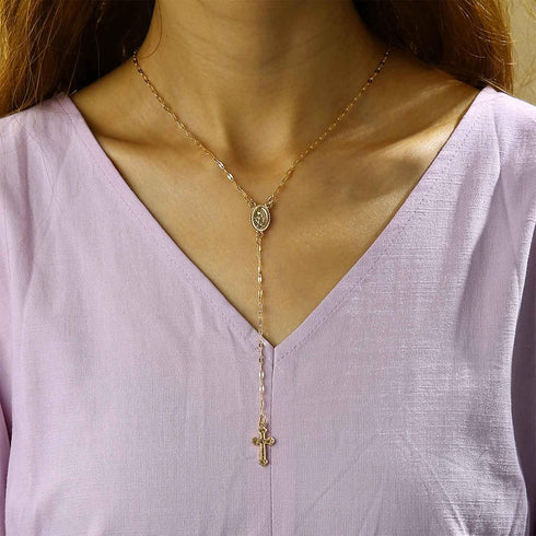 Bohemia Cross Lariat Necklace Chain Cross Long Y Drop Necklace Chain Gold Virgin Mary Pendant Necklace Faith Cross Y Necklace Chain Jewelry for Wo...