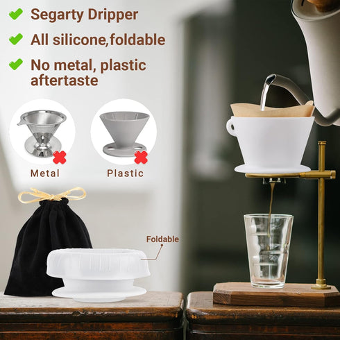 Segarty Pour Over Coffee Dripper, 1 Set White Collapsible Silicone Coffee Dripper with Storage Bag, Reusable Cone Coffee Filter Drip Holder, Singl...