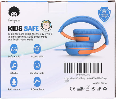 rockpapa Share 1 Kids Headphones Wired with Microphone & Share Port, 85dB/94dB Volume Limited, Cute Foldable Student Child Boys Girls Headphones f...