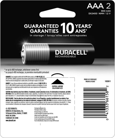 Duracell Rechargeable AAA Batteries, 2 Count Pack, Triple A Battery for Long-lasting Power, All-Purpose Pre-Charged Battery for Household and Busi...