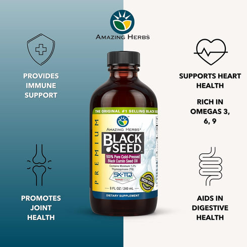 Amazing Herbs Premium Black Seed Oil - Gluten Free, Non GMO, Cold Pressed Nigella Sativa Aids in Digestive Health, Immune Support, Brain Function ...