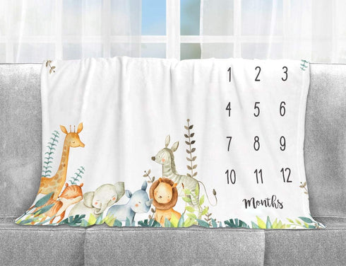 Safari Baby Milestone Blanket with Birth Stat Sign, Jungle Animals Baby Growth Chart Monthly Blanket, Watch Me Grow Safari Animals Baby Nursery fo...